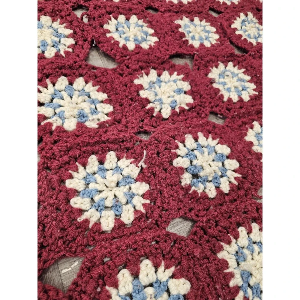 Handmade Crochet Granny Square Throw Blanket Afghan 63x75 Red Retro Boho‎ Decor